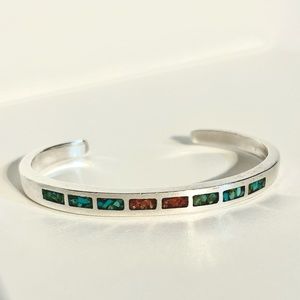 Vintage Native American Sterling Silver Turquoise Coral Chip Inlay Cuff Bracelet